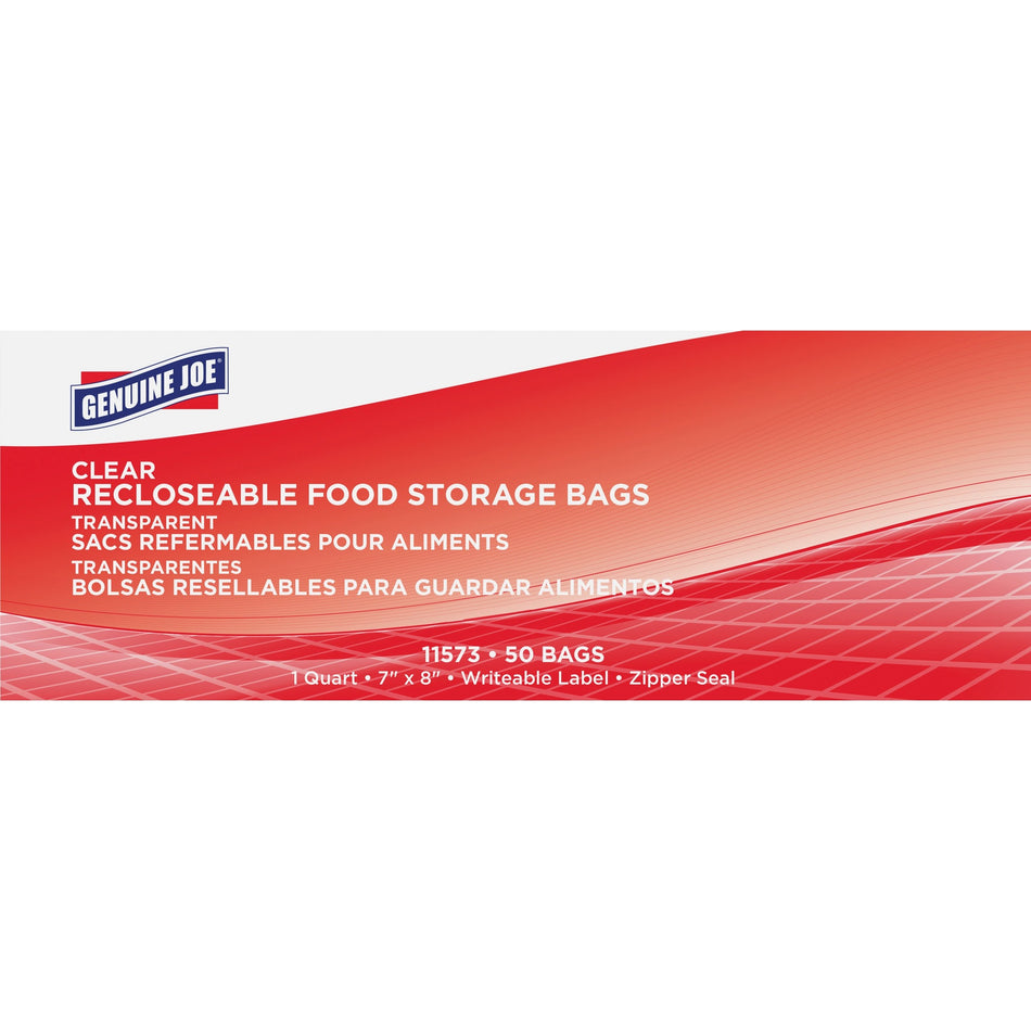 Genuine Joe Food Storage Bags - 1 quart Capacity - 8" Length x 7" Width x 1.75 mil (44 Micron) Thickness - Clear - Food, Beef, Seafood, Poultry, Vegetables - 50 / Box