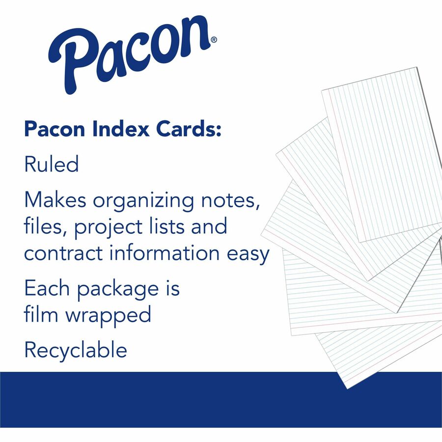 Pacon Ruled Index Cards - Front Ruling Surface - Ruled Front Ruling - 0.25" Ruled - Index Card - 3" x 5" Sheet Size - White Paper - Sturdy - 100 / Pack