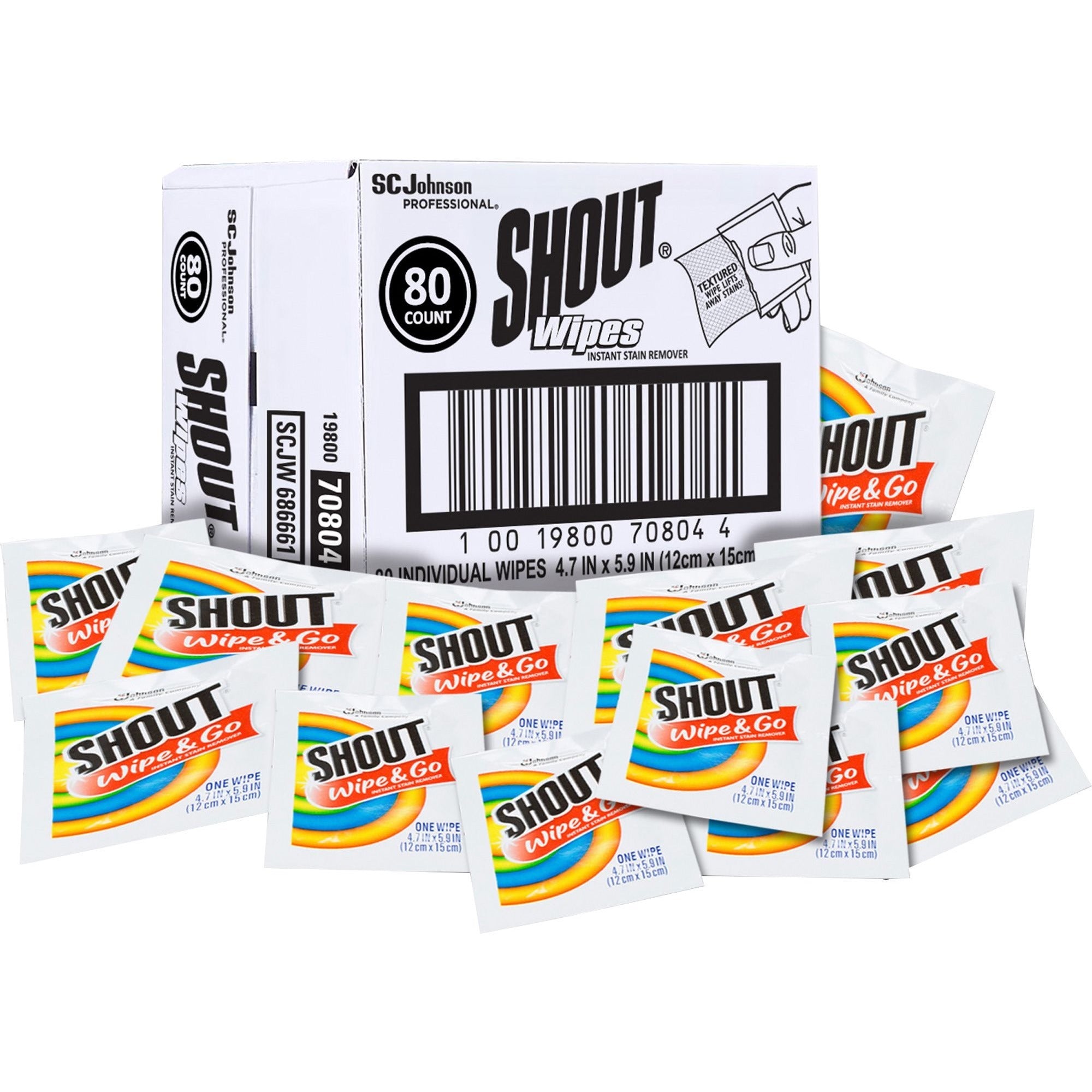 Shout Wipes Instant Stain Remover - For Clothing - 5.90" Length x 4.70" Width - Recommended For: Stain Remover - Disposable - White - 80 / Carton