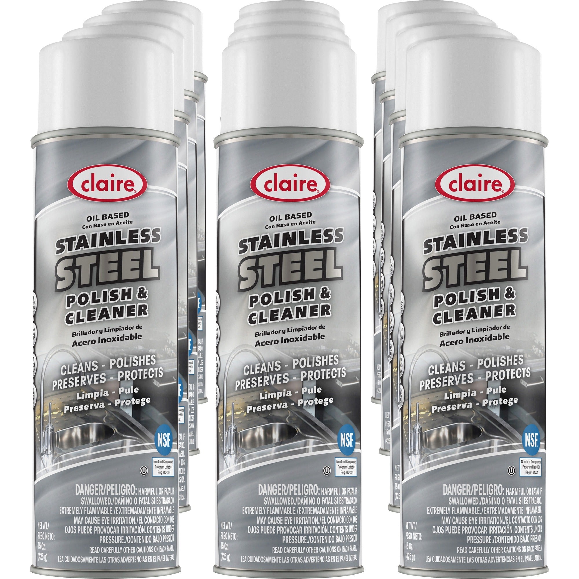 Claire Stainless Steel Polish and Cleaner - 15 fl oz (0.5 quart) - Lemon Scent - Non-abrasive, CFC-free - Clear Can - 12 / Carton