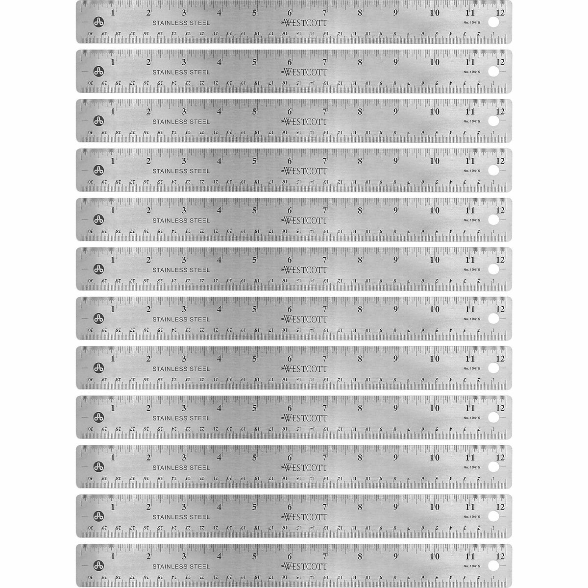Westcott Stainless Steel Rulers - 12" Length x 1" Width - 1/16, 1/32 Graduations - Metric, Imperial Measuring System - Stainless Steel - Stainless Steel - 12 / Box