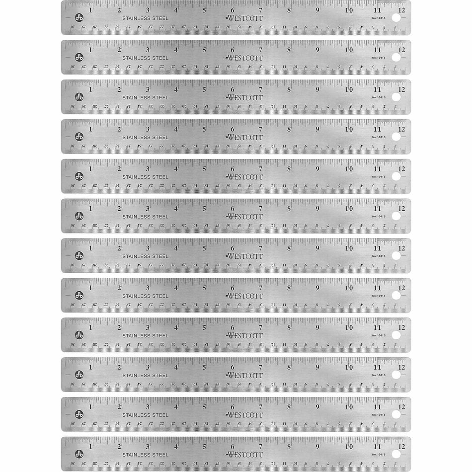 Westcott Stainless Steel Rulers - 12" Length x 1" Width - 1/16, 1/32 Graduations - Metric, Imperial Measuring System - Stainless Steel - Stainless Steel - 12 / Box