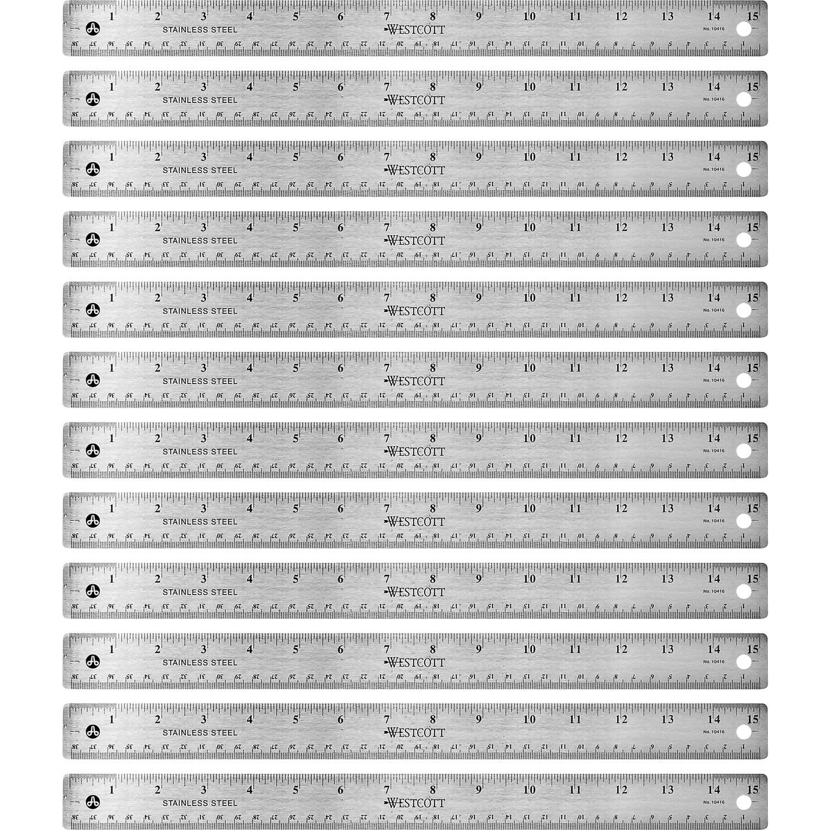 Westcott Stainless Steel Rulers - 15" Length x 1" Width - 1/16, 1/32 Graduations - Metric, Imperial Measuring System - Stainless Steel - Stainless Steel - 12 / Box