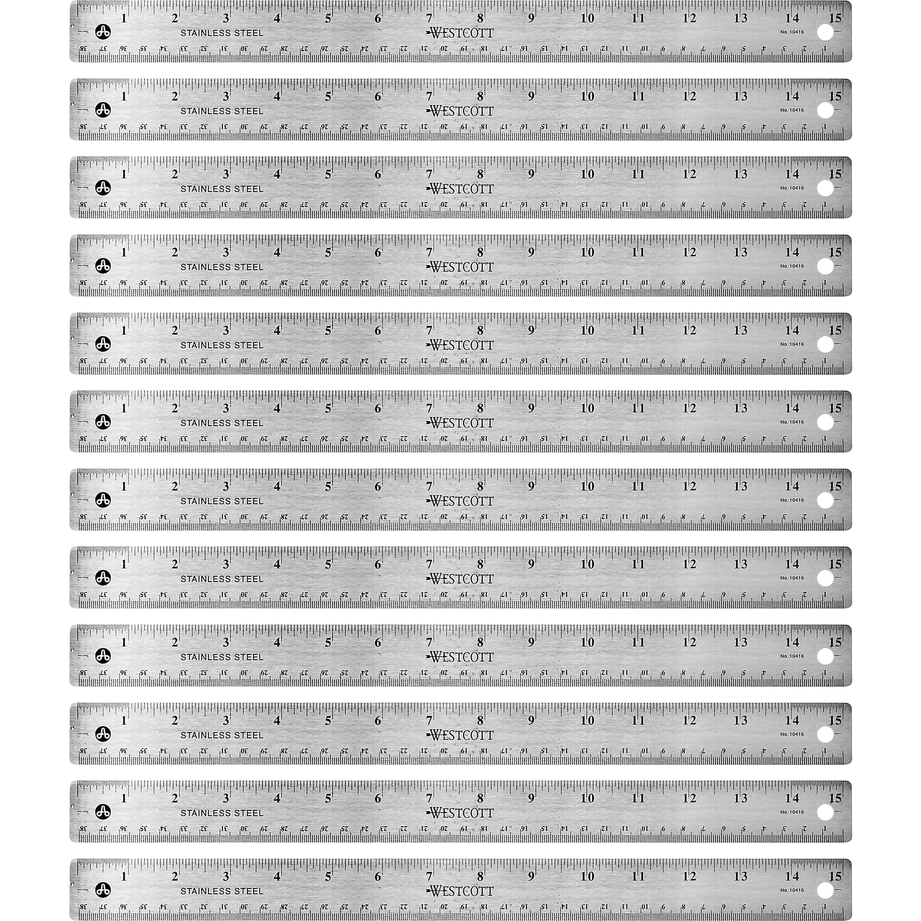 Westcott Stainless Steel Rulers - 15" Length x 1" Width - 1/16, 1/32 Graduations - Metric, Imperial Measuring System - Stainless Steel - Stainless Steel - 12 / Box