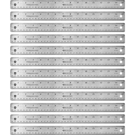 Westcott Stainless Steel Rulers - 15" Length x 1" Width - 1/16, 1/32 Graduations - Metric, Imperial Measuring System - Stainless Steel - Stainless Steel - 12 / Box