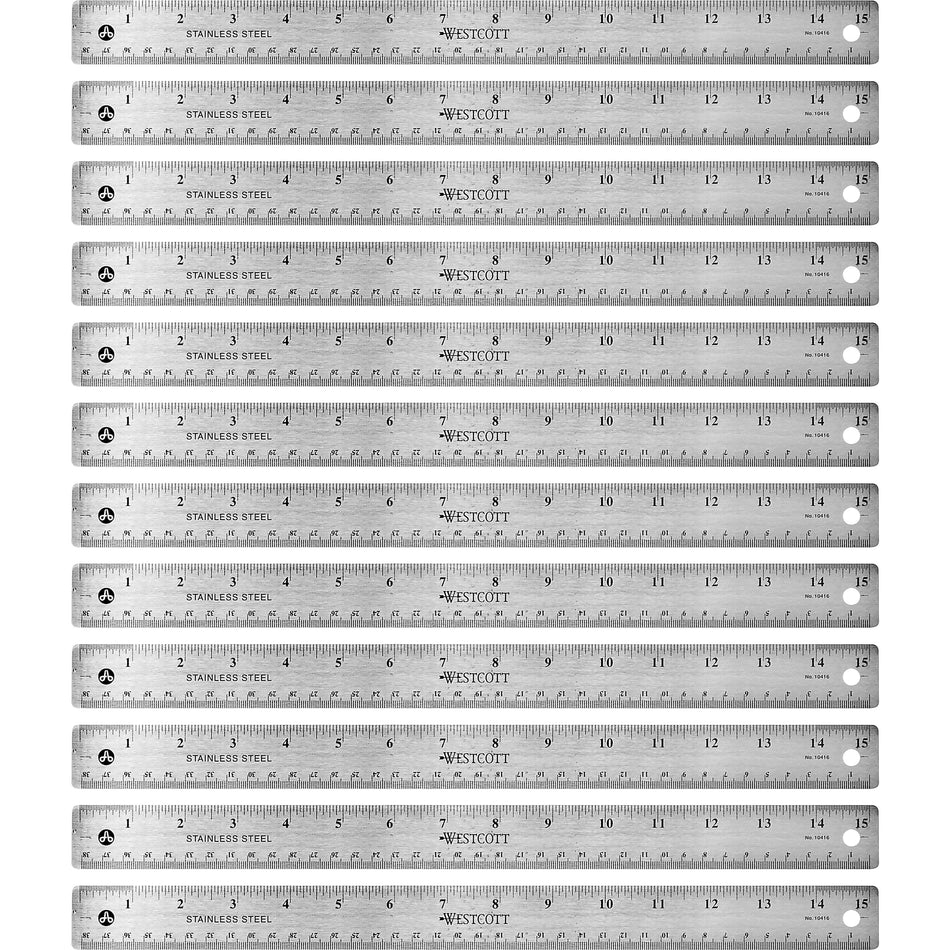 Westcott Stainless Steel Rulers - 15" Length x 1" Width - 1/16, 1/32 Graduations - Metric, Imperial Measuring System - Stainless Steel - Stainless Steel - 12 / Box