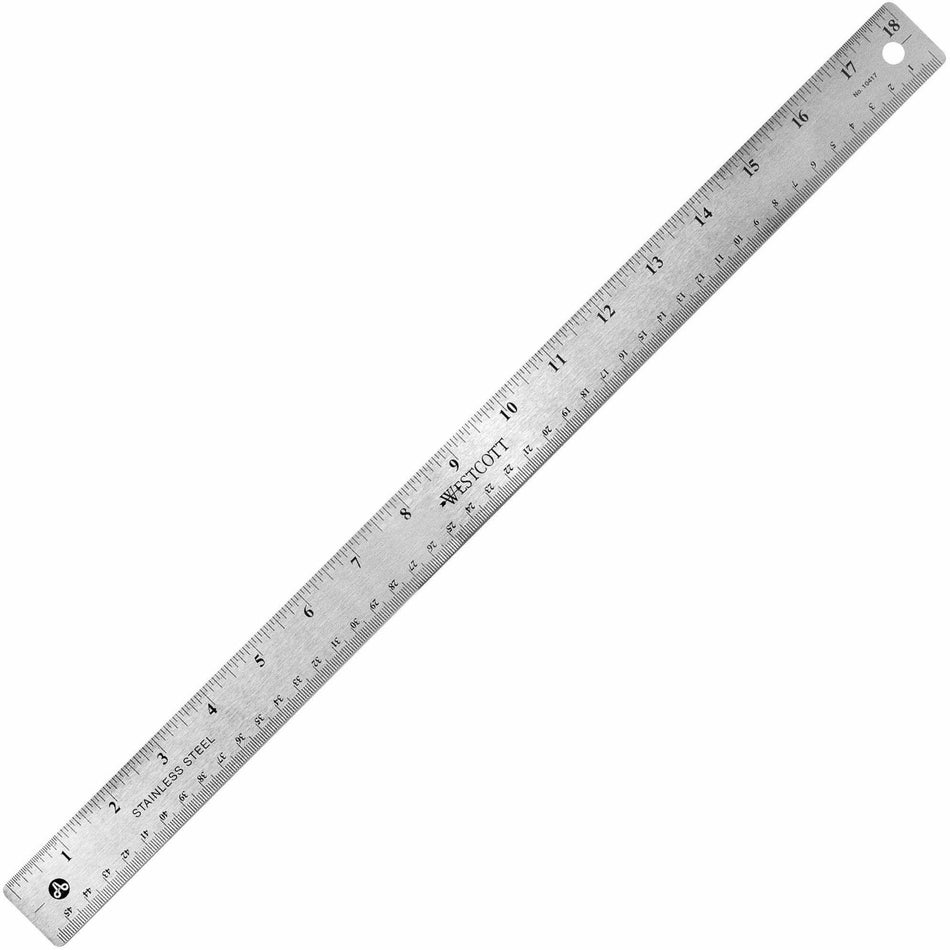 Westcott Stainless Steel Rulers - 18" Length x 1" Width - 1/16, 1/32 Graduations - Metric, Imperial Measuring System - Stainless Steel - Stainless Steel - 12 / Box