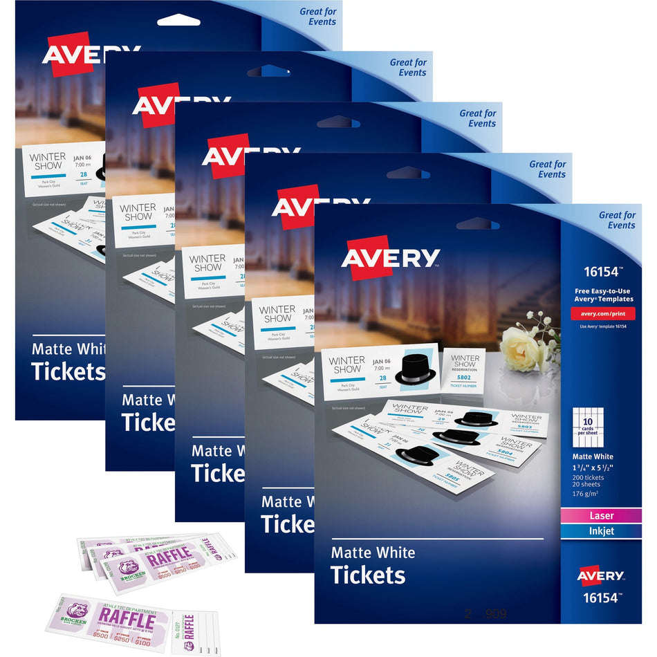 Avery® Blank Tickets with Tear-Away Stubs - 1 3/4" Width x 5 1/2" Length - Laser, Inkjet - Matte White - 20 / Sheet - 200/Pack - 5 / Carton