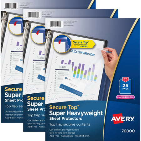 Avery® Secure Top Sheet Protectors - For Letter 8 1/2" x 11" Sheet - 3 x Holes - Ring Binder - Top Loading - Clear - Polypropylene - 25/Pack - 3 / Bundle