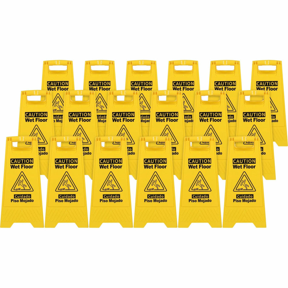 Genuine Joe Universal Graphic Wet Floor Sign - Print/Message "Wet Floor" - Foldable - Yellow - 3 / Bundle