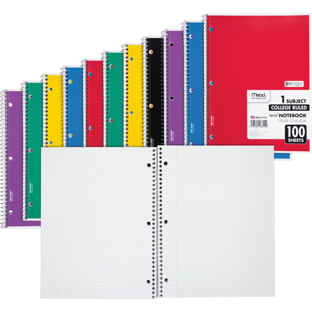 Mead One-subject Spiral Notebook - 100 Sheets - Spiral - College Ruled Front Ruling - 8" x 10 1/2" Sheet Size x 8" Width x 10.5" Length - White Paper - Back Board - 12 / Bundle