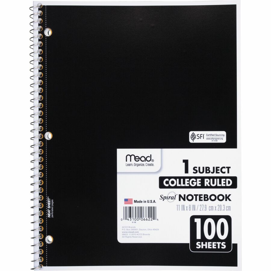 Mead One-subject Spiral Notebook - 100 Sheets - Spiral - College Ruled Front Ruling - 8" x 10 1/2" Sheet Size x 8" Width x 10.5" Length - White Paper - Back Board - 12 / Bundle