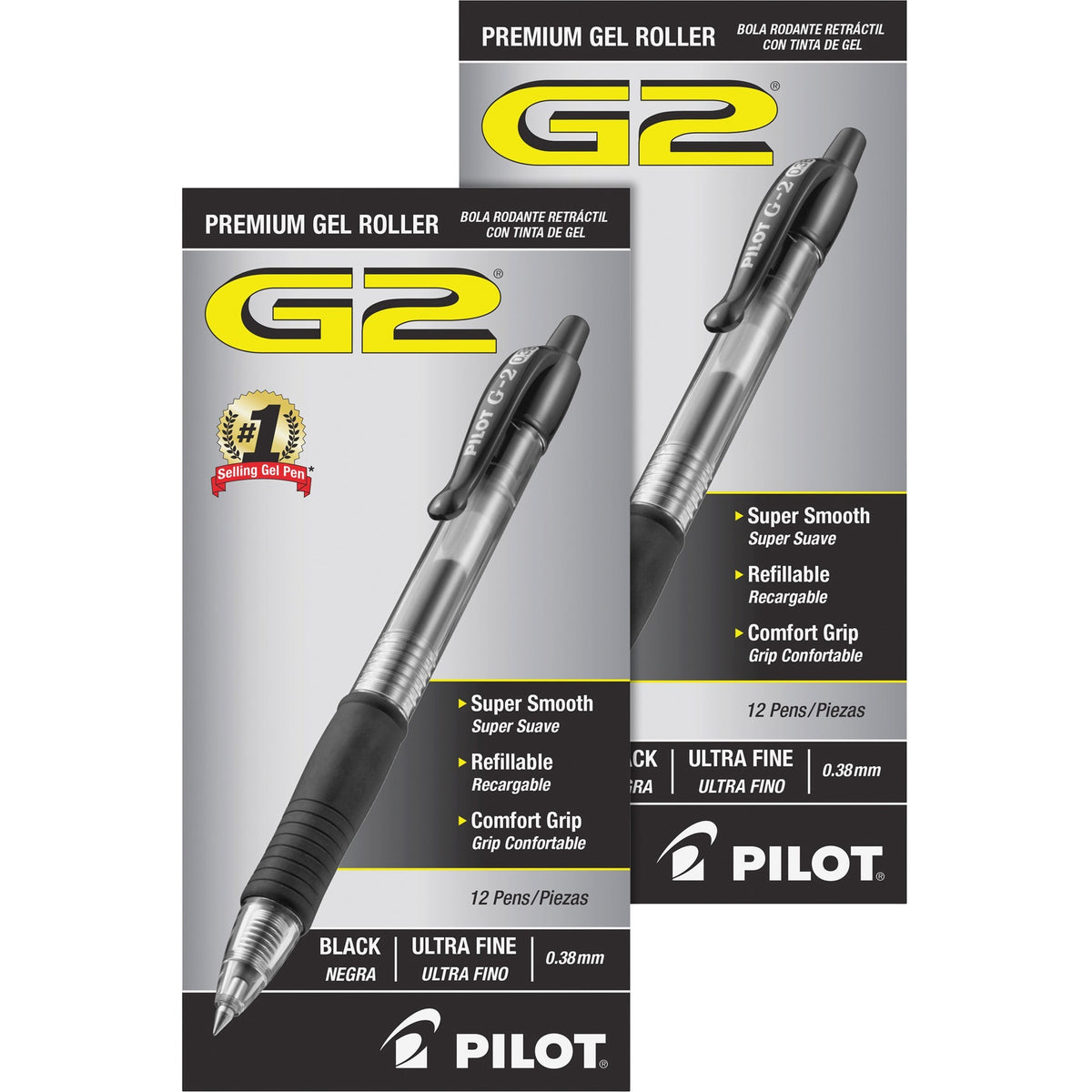 Pilot G2 Premium Gel Roller Retractable Pens - 0.38 mm Ultra Fine Pen Point - Refillable - Retractable - Black Ink - Gel-based - Clear Barrel - 1 Dozen/Box - 2 / Bundle
