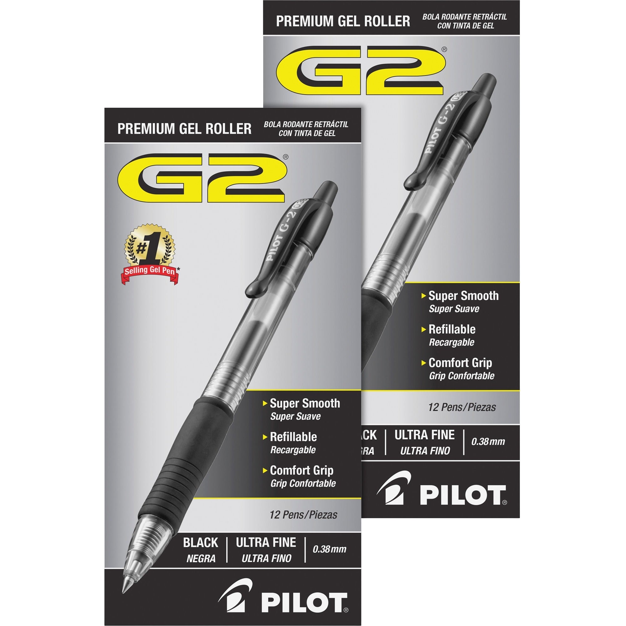 Pilot G2 Premium Gel Roller Retractable Pens - 0.38 mm Ultra Fine Pen Point - Refillable - Retractable - Black Ink - Gel-based - Clear Barrel - 1 Dozen/Box - 2 / Bundle