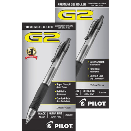Pilot G2 Premium Gel Roller Retractable Pens - 0.38 mm Ultra Fine Pen Point - Refillable - Retractable - Black Ink - Gel-based - Clear Barrel - 1 Dozen/Box - 2 / Bundle