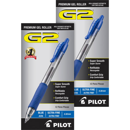 Pilot G2 Premium Gel Roller Retractable Pens - 0.38 mm Ultra Fine Pen Point - Refillable - Retractable - Blue Ink - Gel-based - Clear Barrel - 1 Dozen/Box - 2 / Bundle