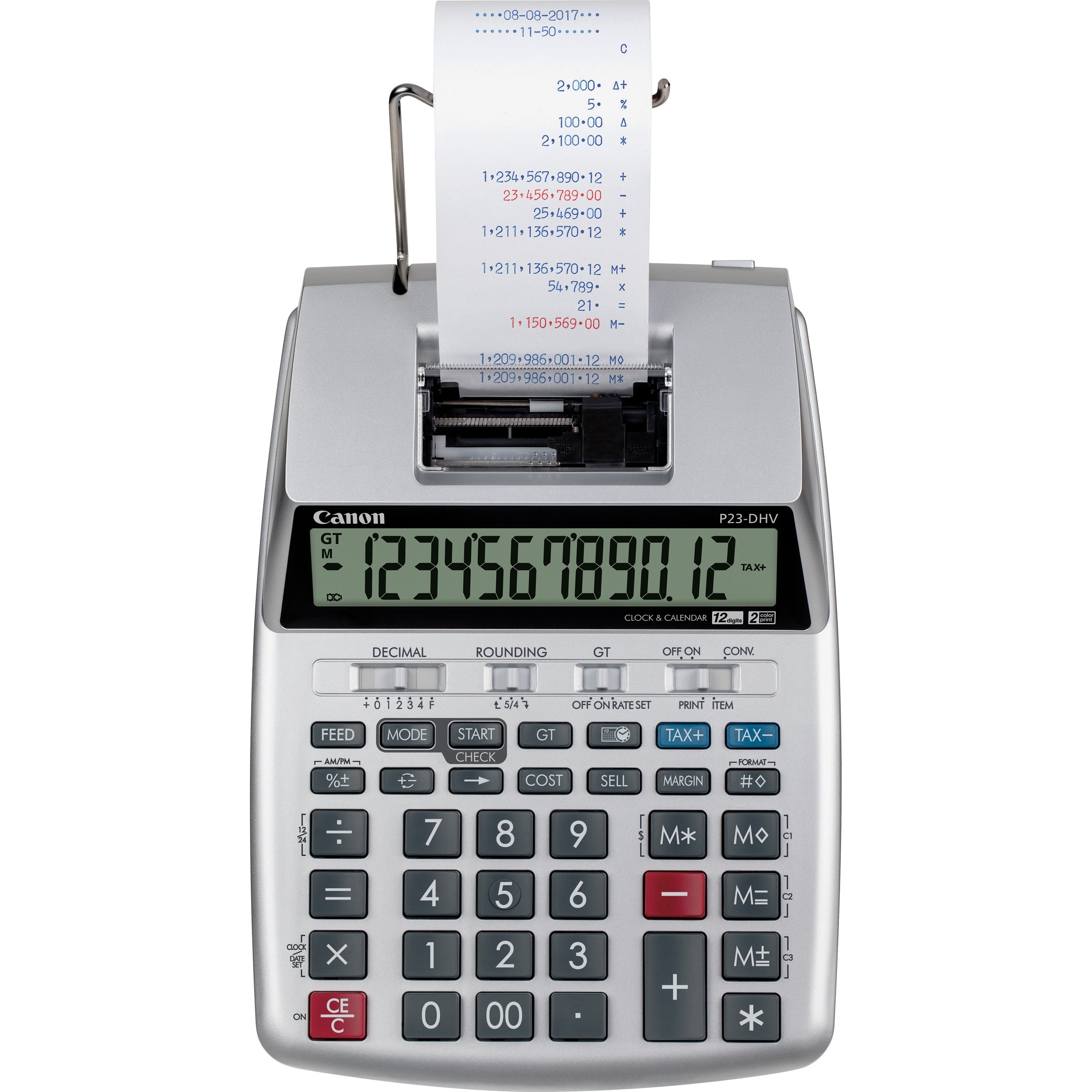 Canon P23-DHV-3 12-digit Printing Calculator - Clock, Calendar, Decimal Point Selector Switch, Sign Change - 2.2" Height x 6.4" Width x 9.1" Length - Silver - 1 Each