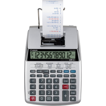 Canon P23-DHV-3 12-digit Printing Calculator - Clock, Calendar, Decimal Point Selector Switch, Sign Change - 2.2" Height x 6.4" Width x 9.1" Length - Silver - 1 Each