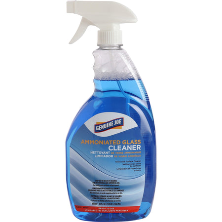 Genuine Joe Ammoniated Glass Cleaner - For Hard Surface - Ready-To-Use - 32 fl oz (1 quart) - Recommended For: Grease Remover - Lint-free, Heavy Duty, Easy to Use - Blue - 1 Each