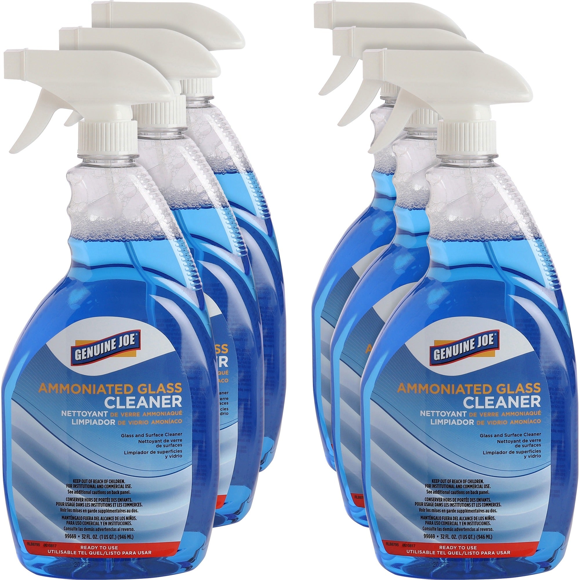 Genuine Joe Ammoniated Glass Cleaner - For Hard Surface - Ready-To-Use - 32 fl oz (1 quart) - Recommended For: Grease Remover - Blue - 6 / Carton