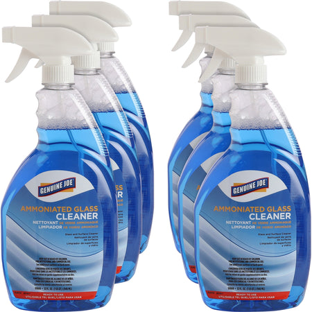 Genuine Joe Ammoniated Glass Cleaner - For Hard Surface - Ready-To-Use - 32 fl oz (1 quart) - Recommended For: Grease Remover - Blue - 6 / Carton