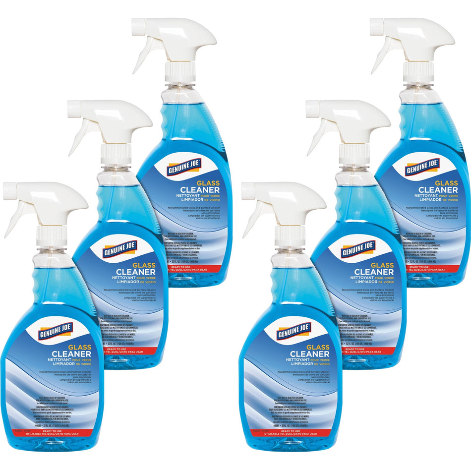 Genuine Joe Non-Ammoniated Glass Cleaner - Ready-To-Use - 32 fl oz (1 quart) - Recommended For: Residue Remover - Non Ammoniated, Non-streaking - Blue - 6 / Carton