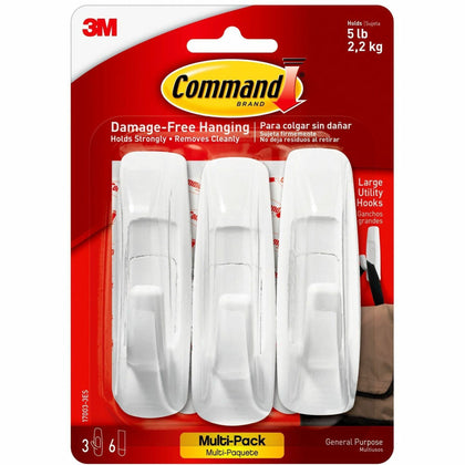Command Large Utility Hook Value Pack - 5 lb Capacity - White - 3/Pack - Mounting Tape & Putty
