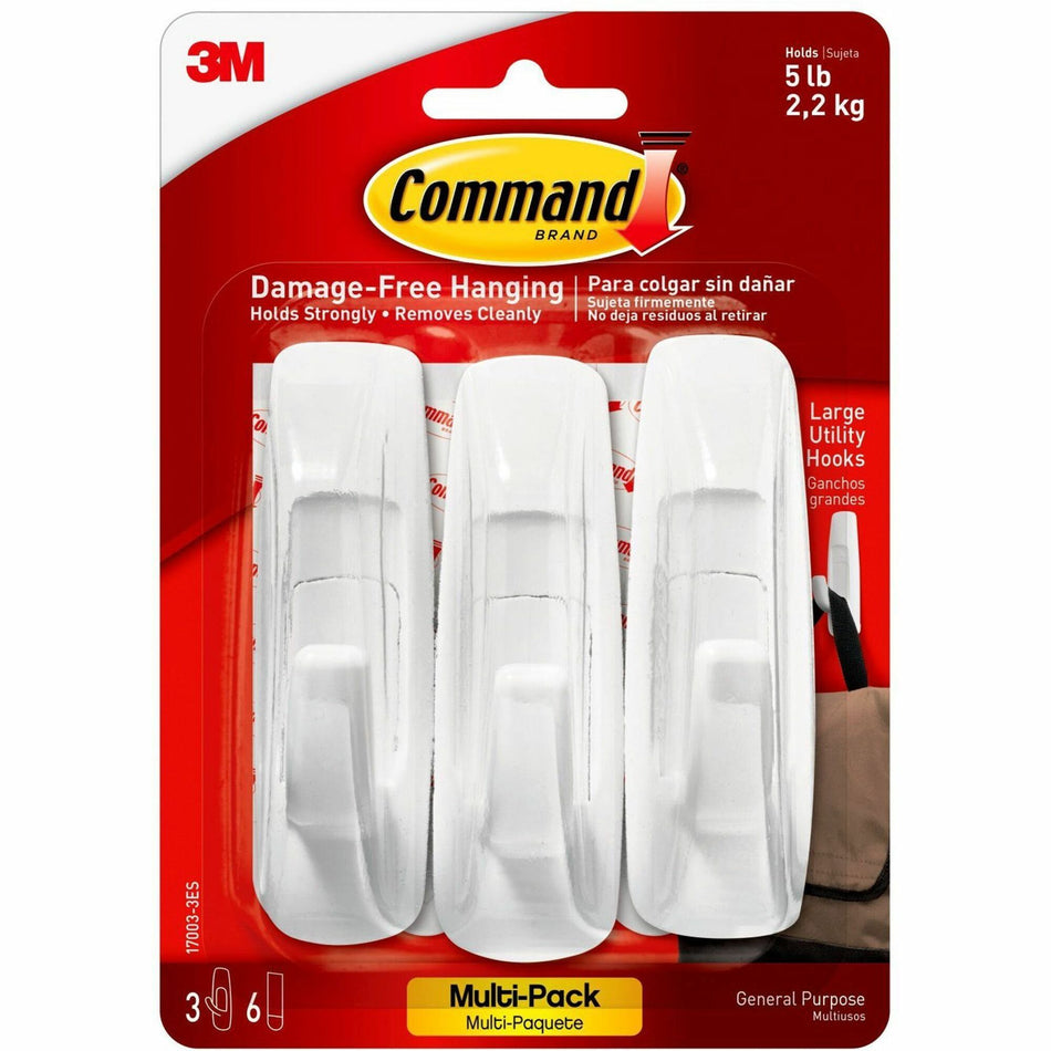 Command Large Utility Hook Value Pack - 5 lb (2.27 kg) Capacity - for Wood, Paint, Tile - Plastic - White - 3 / Pack