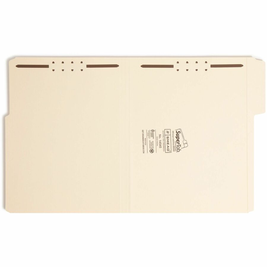 Smead SuperTab 1/3 Tab Cut Letter Recycled Fastener Folder - 8 1/2" x 11" - 2 x Prong K Style Fastener(s) - 2" Fastener Capacity - Top Tab Location - Assorted Tab Position - 14 pt. - 2 Plys - Manila - Reinforced Tab - 10% Recycled - 50 / Box
