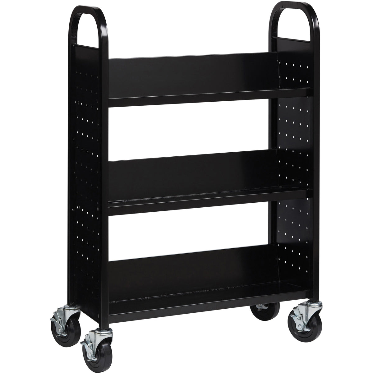 Lorell Single-sided Book Cart - 3 Shelf - Round Handle - 5" Caster Size - Steel - 32" Width x 14" Depth x 46" Height - Black - 1 Each