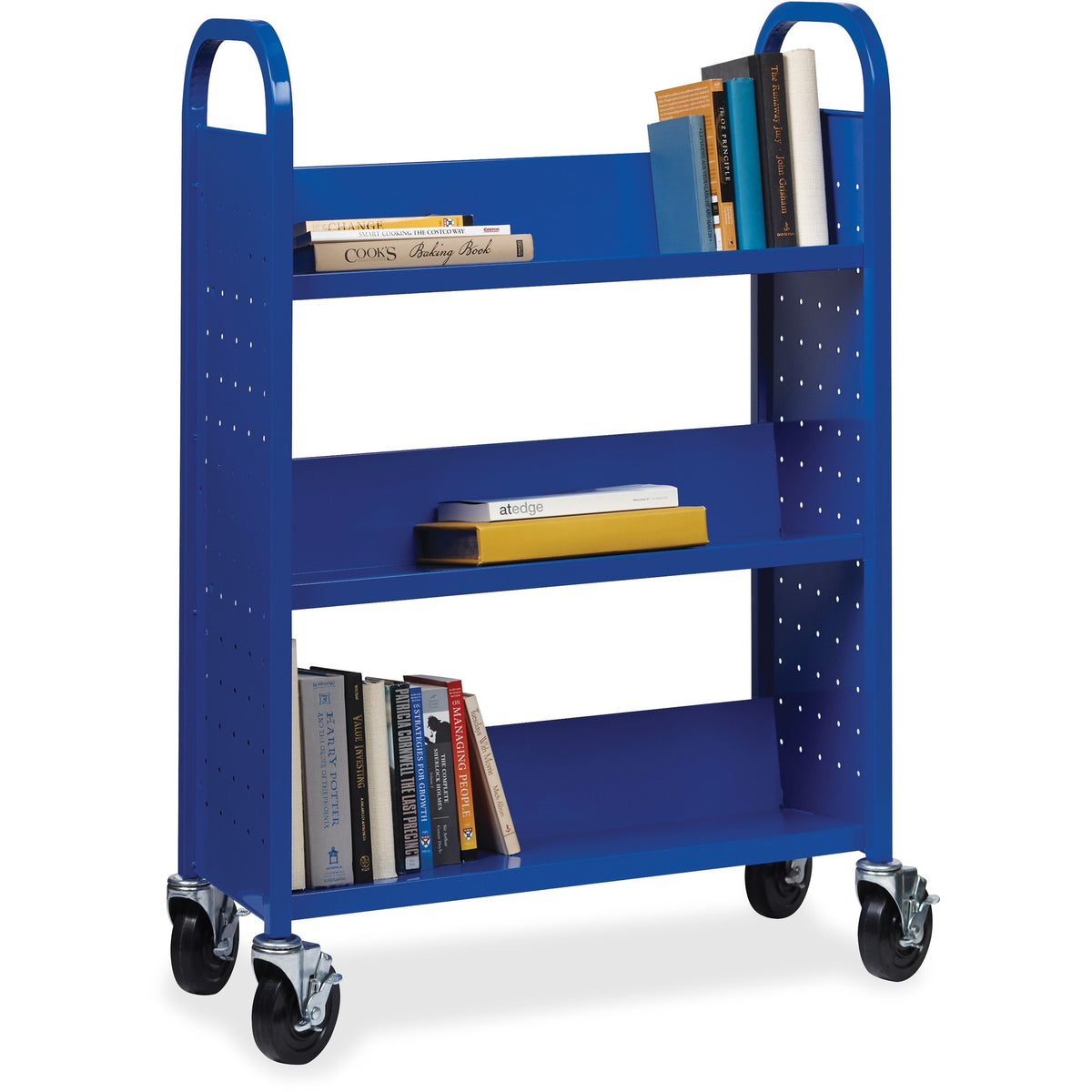Lorell Single-sided Book Cart - 3 Shelf - Round Handle - 5" Caster Size - Steel - 32" Width x 14" Depth x 46" Height - Blue - 1 Each