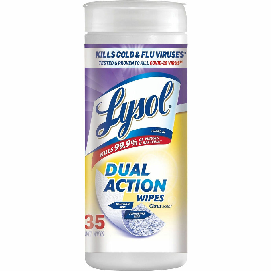 Lysol Dual Action Wipes - For Multi Surface - Citrus Scent - Recommended For: Stain Remover - White/Purple - 35/Tub - 1 Each