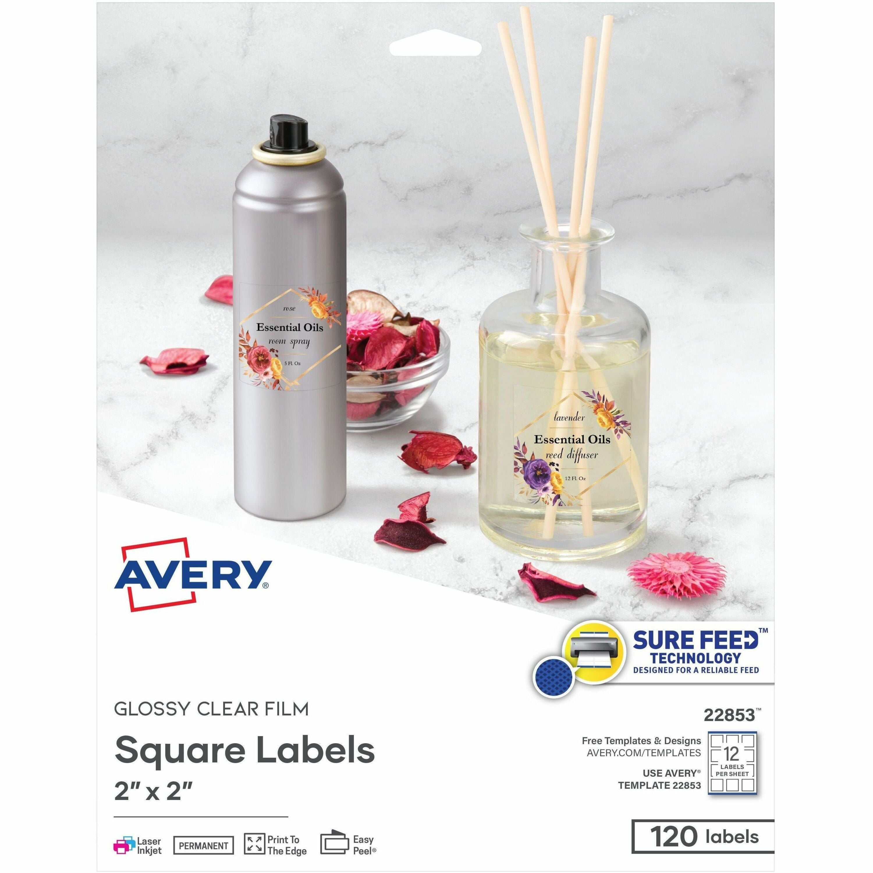 Avery®  Sure Feed Glossy Labels - Waterproof - 2" Width x 2" Length - Permanent Adhesive - Square - Inkjet, Laser - Glossy Crystal Clear - Crystal Clear - Film - 12 / Sheet - 12 Total Sheets - 120 Total Label(s) - 10 / Pack