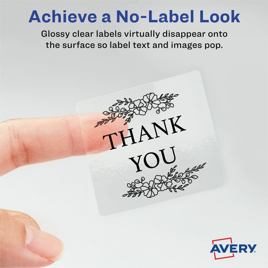 Avery®  Sure Feed Glossy Labels - Waterproof - 2" Width x 2" Length - Permanent Adhesive - Square - Inkjet, Laser - Glossy Crystal Clear - Crystal Clear - Film - 12 / Sheet - 12 Total Sheets - 120 Total Label(s) - 10 / Pack