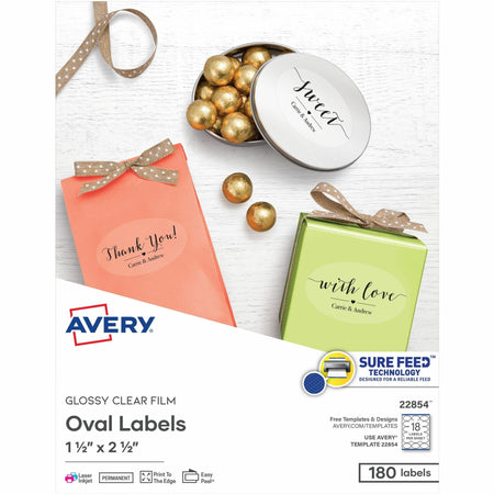 Avery®  Sure Feed Glossy Labels - 1 1/2" Width x 2 1/2" Length - Permanent Adhesive - Oval - Laser, Inkjet - Crystal Clear - Film - 18 / Sheet - 10 Total Sheets - 180 Total Label(s) - 180 / Pack
