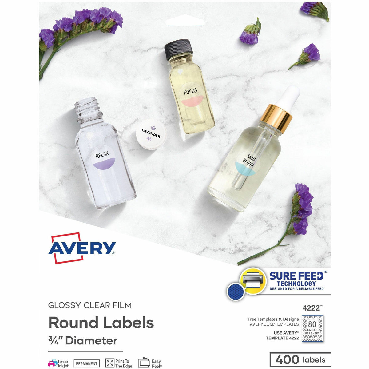 Avery®  Sure Feed Glossy Clear Round Labels - 3/4" Diameter - Permanent Adhesive - Round - Inkjet, Laser - Crystal Clear - Film - 80 / Sheet - 5 Total Sheets - 400 Total Label(s) - 400 / Pack