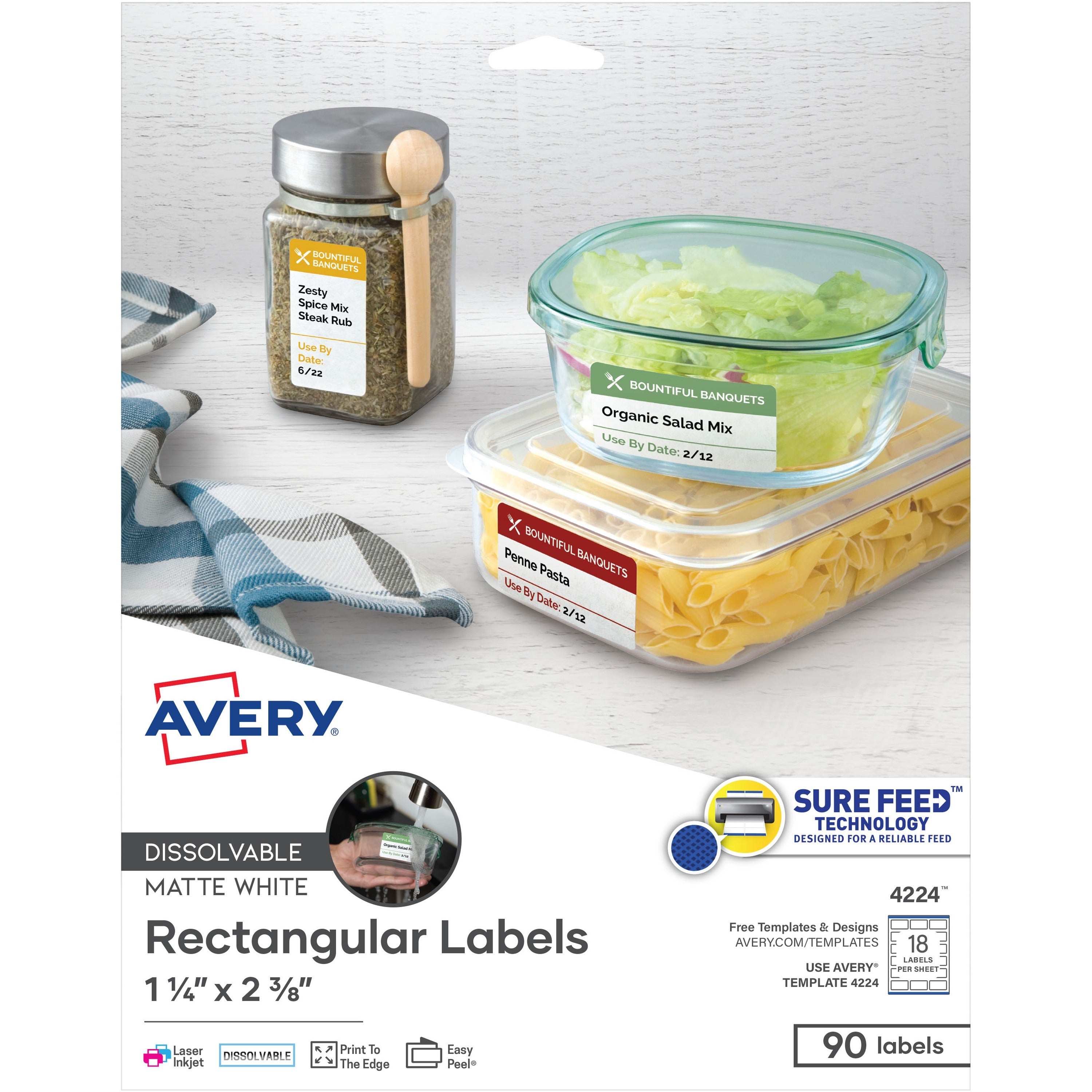 Avery®  Dissolvable Rectangle Labels - 1 1/4" Width x 2 3/8" Length - Rectangle - Laser, Inkjet - White - Paper - 18 / Sheet - 5 Total Sheets - 90 Total Label(s) - 90 / Pack