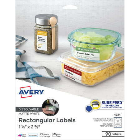 Avery®  Dissolvable Rectangle Labels - 1 1/4" Width x 2 3/8" Length - Rectangle - Laser, Inkjet - White - Paper - 18 / Sheet - 5 Total Sheets - 90 Total Label(s) - 90 / Pack