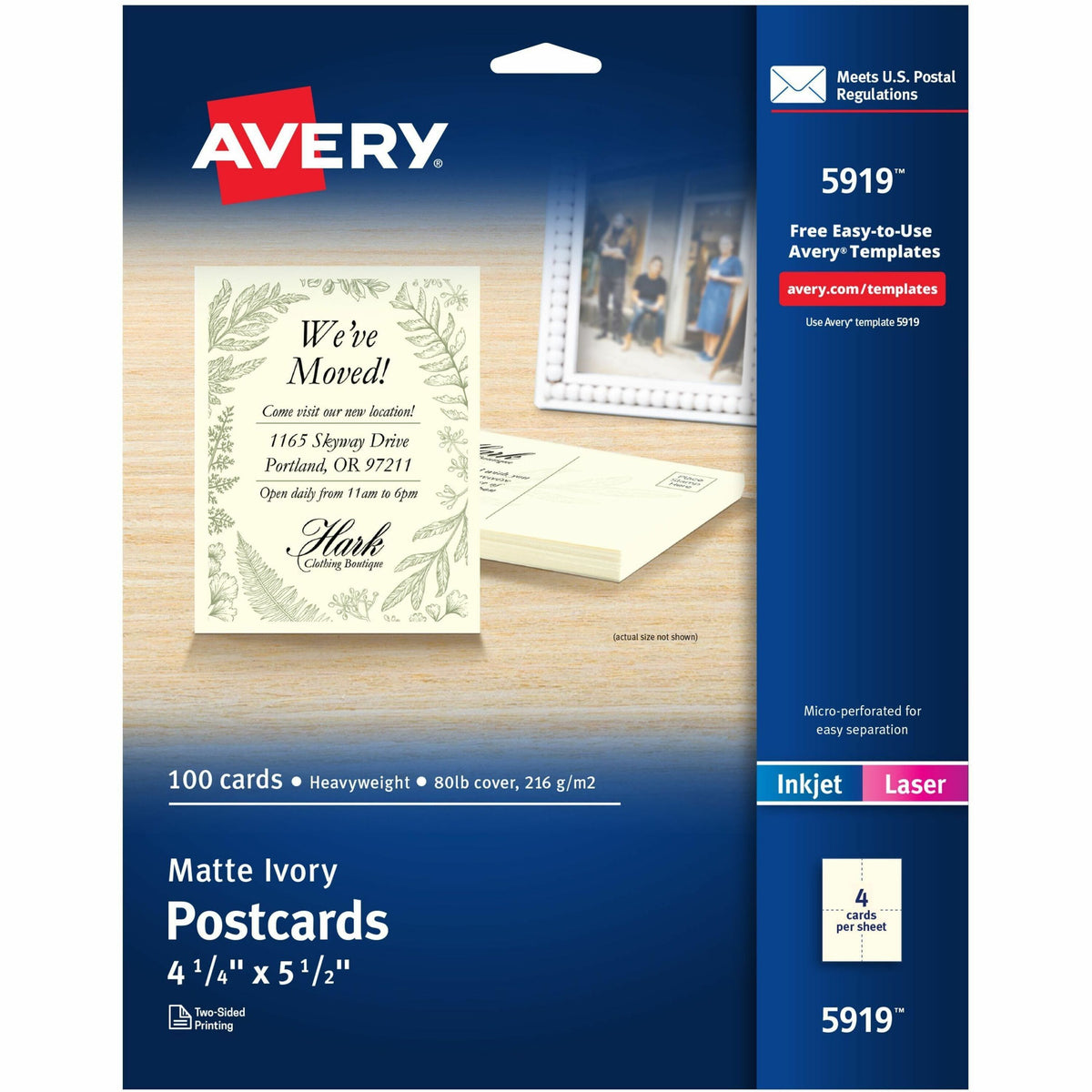 Avery®  Postcards, Ivory, Two-Sided, 4-1/4" x 5-1/2" , 100 Cards (5919) - 79 Brightness - 4 1/4" x 5 1/2" - 80 lb Basis Weight - 216 g/m&#178; Grammage - Matte - Rounded Corner, Sturdy, Double-sided, Printable, Uncoated, Perforated - Ivory - 100 / Box