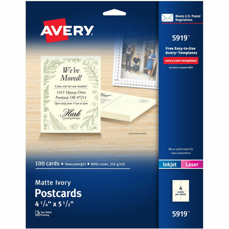 Avery®  Postcards, Ivory, Two-Sided, 4-1/4" x 5-1/2" , 100 Cards (5919) - 79 Brightness - 4 1/4" x 5 1/2" - 80 lb Basis Weight - 216 g/m&#178; Grammage - Matte - Rounded Corner, Sturdy, Double-sided, Printable, Uncoated, Perforated - Ivory - 100 / Box