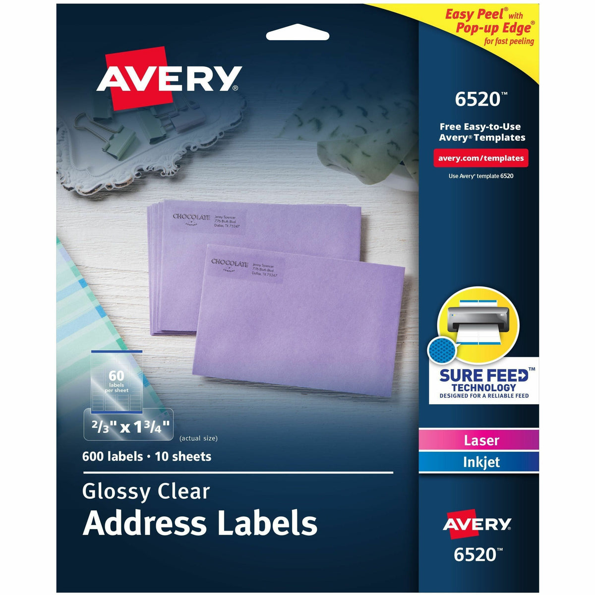 Avery®  Easy Peel High Gloss Clear Mailing Labels - 2/3" Width x 1 3/4" Length - Permanent Adhesive - Rectangle - Inkjet, Laser - Clear - Film - 60 / Sheet - 10 Total Sheets - 600 Total Label(s) - 600 / Pack