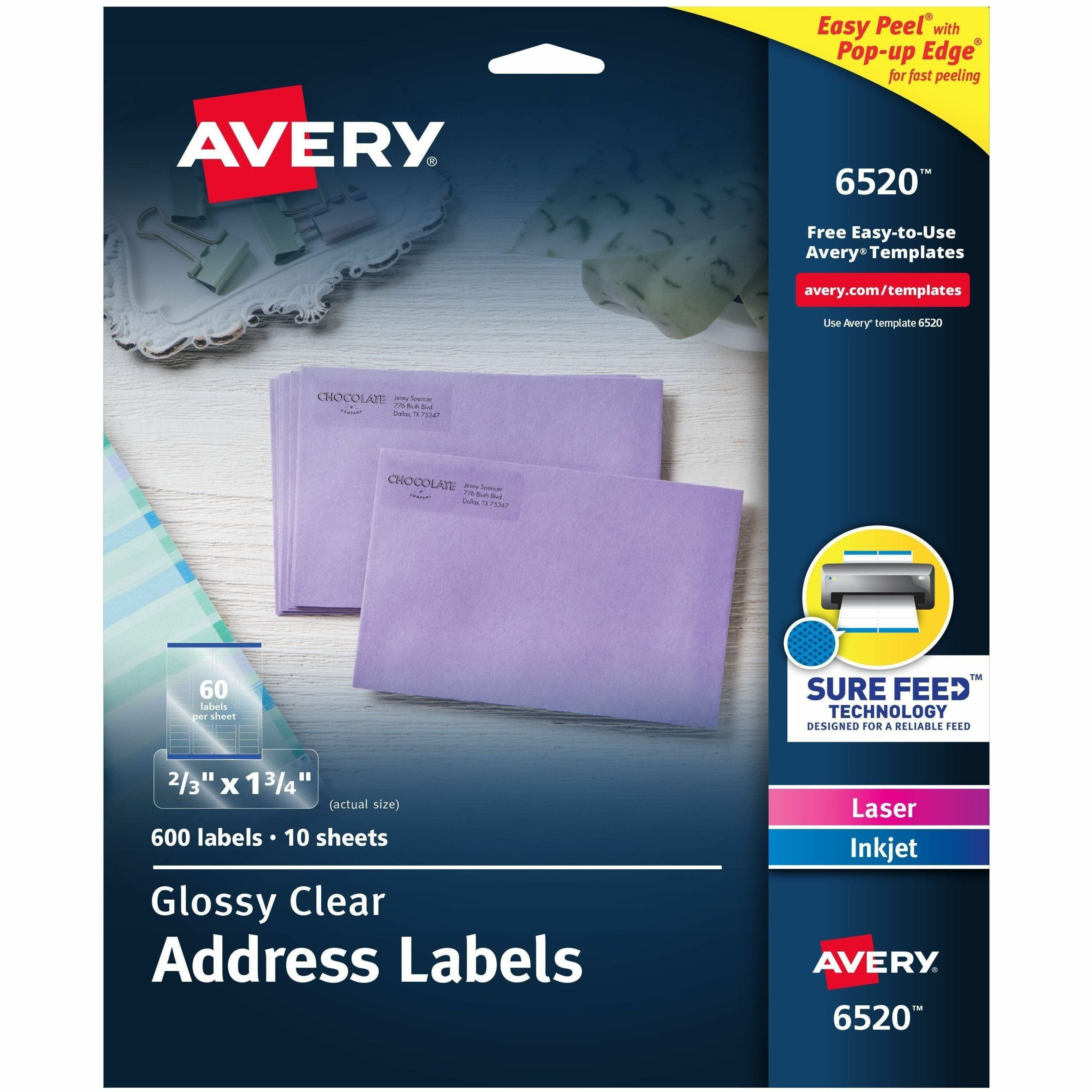 Avery®  Easy Peel High Gloss Clear Mailing Labels - 2/3" Width x 1 3/4" Length - Permanent Adhesive - Rectangle - Inkjet, Laser - Clear - Film - 60 / Sheet - 10 Total Sheets - 600 Total Label(s) - 600 / Pack