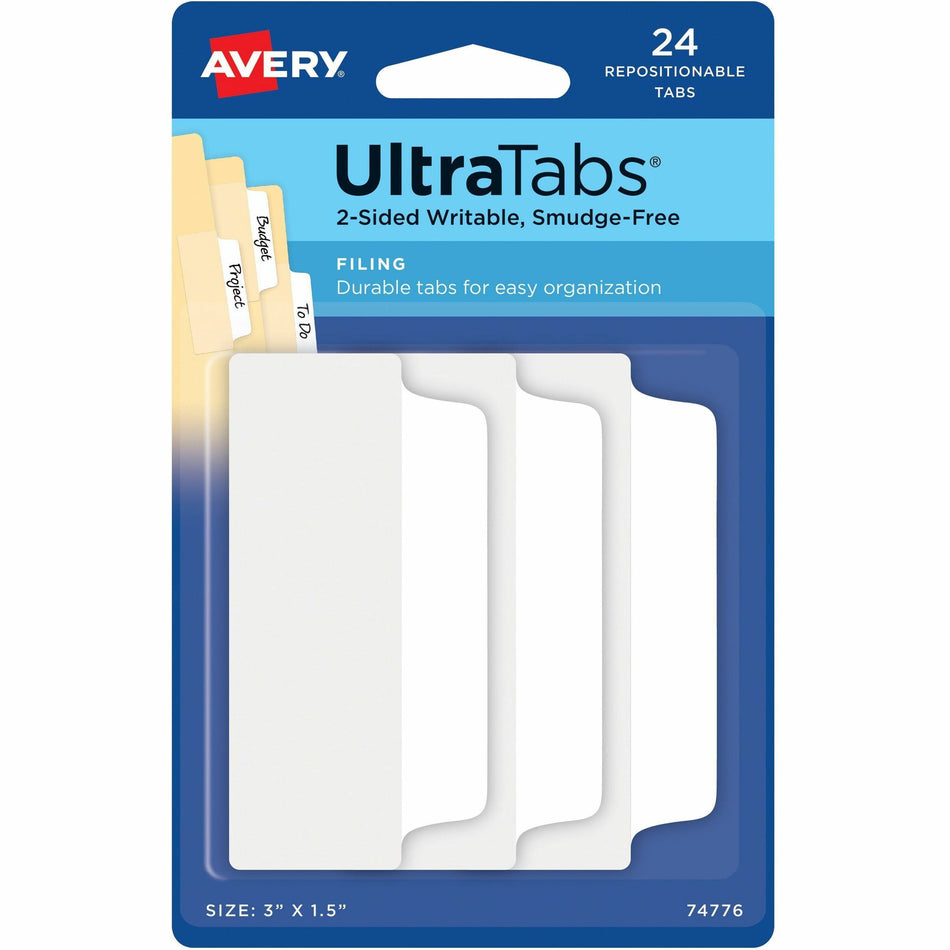 Avery®  UltraTabs Filing Tabs - 24 Tab(s) - 1.50" Tab Height x 3" Tab Width - Clear Film, White Paper Tab(s) - 24 / Pack