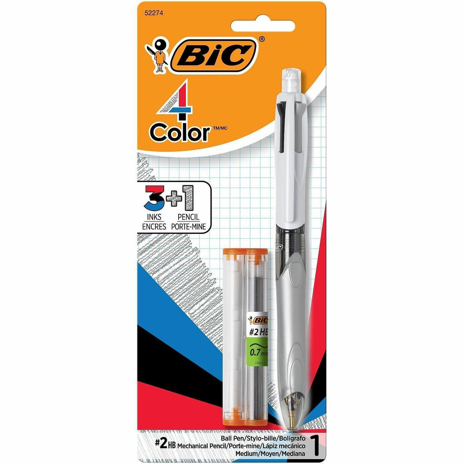 BIC 4-Color 3+1 Ball Pen and Pencil, Assorted Inks - 2HB Pencil Grade - 0.7 mm Lead Size - Assorted Ink - Assorted Lead - Retractable - 1 / Pack