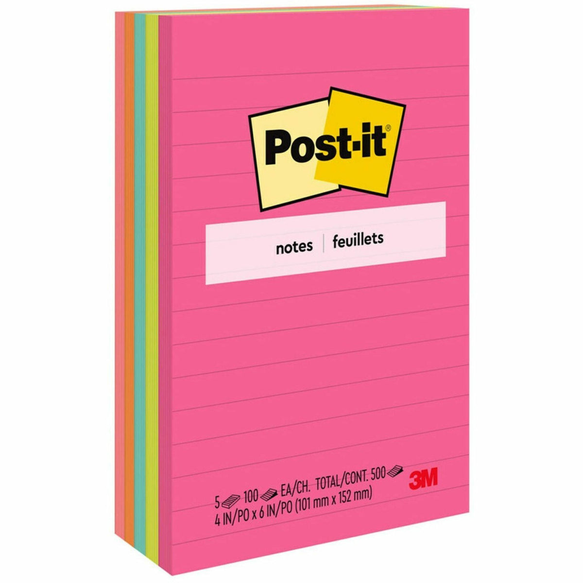Post-it® Notes Original Notepads - Poptimistic Color Collection - 4" Flag/Note Width x 6" Flag/Note Length - Rectangle - 100 Sheets per Pad - Ruled - Power Pink, Neon Green, Aqua, Neon Orange, Guava Pink - Self-adhesive, Self-stick - 5 / Pack