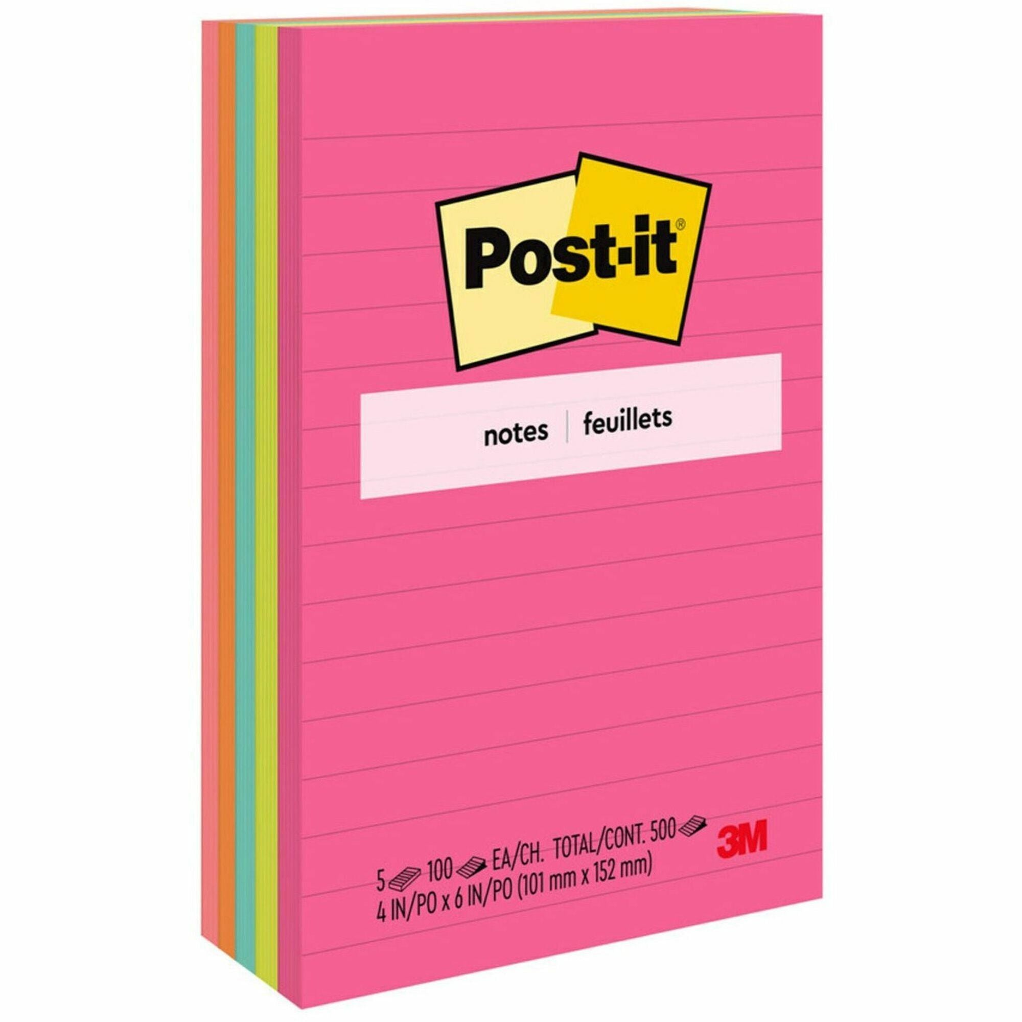 Post-it® Notes Original Notepads - Poptimistic Color Collection - 4" Flag/Note Width x 6" Flag/Note Length - Rectangle - 100 Sheets per Pad - Ruled - Power Pink, Neon Green, Aqua, Neon Orange, Guava Pink - Self-adhesive, Self-stick - 5 / Pack