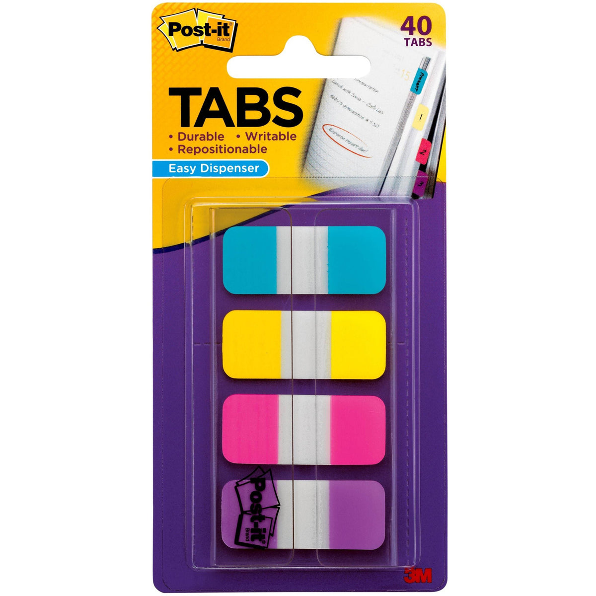 Post-it®  Easy Dispenser Tabs - 40 Tab(s) - 0.63" Tab Width - Self-adhesive - Pink, Purple, Yellow, Blue Tab(s) - 40 / Pack