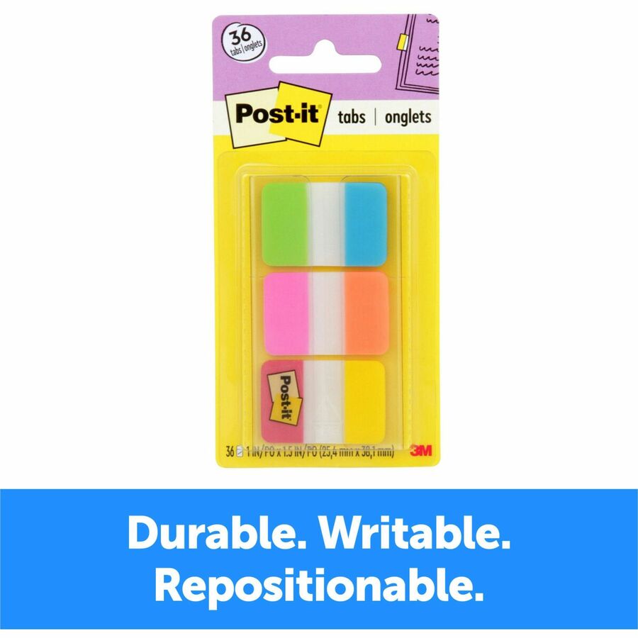 Post-it®  Alternating Tabs - 36 Tab(s) - 1" Tab Height x 1.50" Tab Width - Self-adhesive - Green Poly, Orange, Red, Yellow, Pink, Blue Tab(s) - 36 / Pack