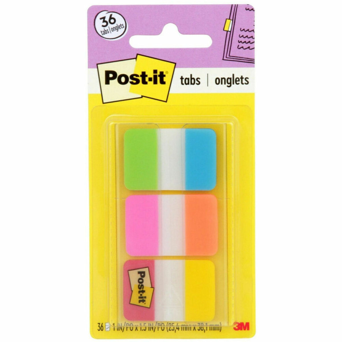 Post-it®  Alternating Tabs - 36 Tab(s) - 1" Tab Height x 1.50" Tab Width - Self-adhesive - Green Poly, Orange, Red, Yellow, Pink, Blue Tab(s) - 36 / Pack