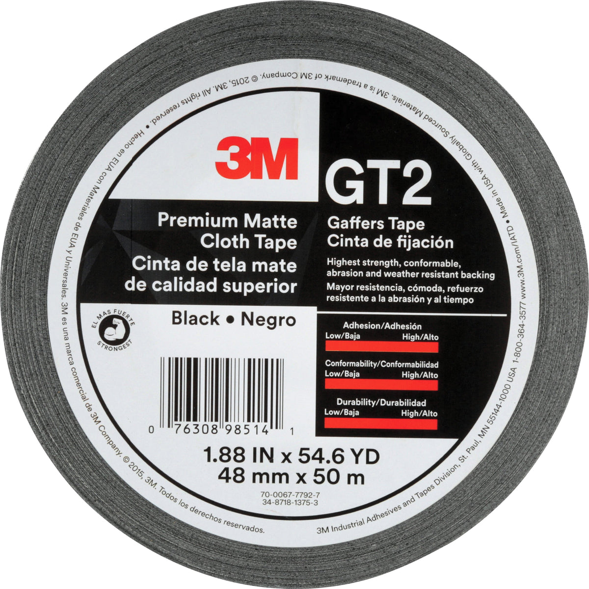 3M Gaffers Cloth Tape - 54.60 yd Length x 1.90" Width x 11 mil Thickness - Black - Vinyl - 1 Roll
